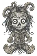 simple psychedelic voodoo doll with long hair and needle through body tattoo design idea