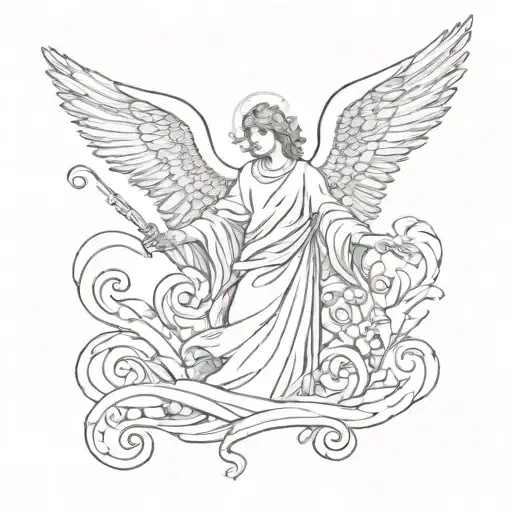 guardian angel holding a long scroll while levitating tattoo design idea
