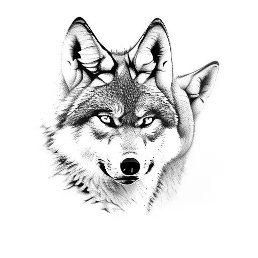 Mama wolf with two baby wolves, mountains and a river, for a full arm tattoo design idea