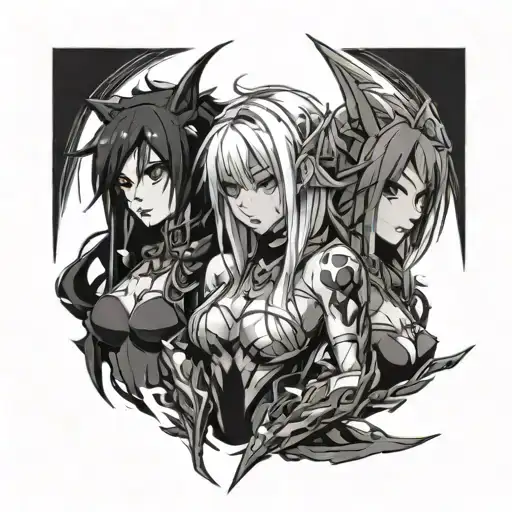 An anime-inspired design featuring the characters Sarina Prime, Volt Prime, and Akame from the client's favorite shows, with a dark and mysterious vibe tattoo design idea