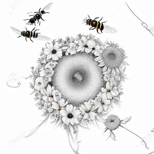 fibonacci curve decorated with bees, flowers and a large walnut tree tattoo design idea