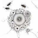 fibonacci curve decorated with bees, flowers and a large walnut tree tattoo design idea