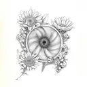 fibonacci curve decorated with bees, flowers and a large walnut tree tattoo design idea