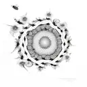 fibonacci curve decorated with bees, flowers and a large walnut tree tattoo design idea