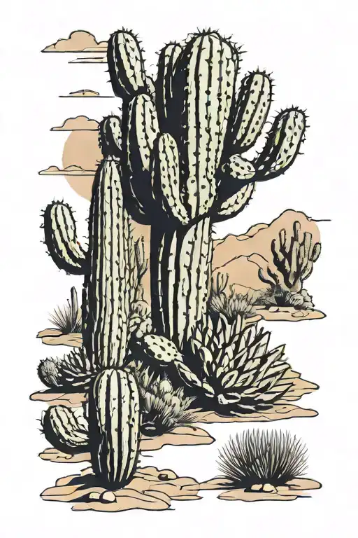 southern arizona desert landscape filled with cacti tattoo design idea