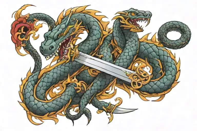 snake and dragon wrapped around sword  tattoo design idea