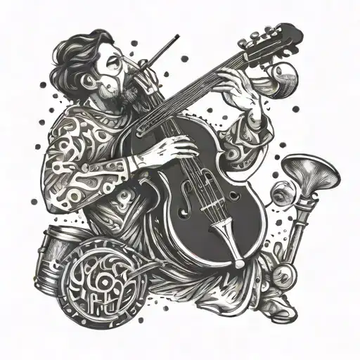 a person playing multiple instruments, showcasing your dedication to self-teaching different musical instruments tattoo design idea