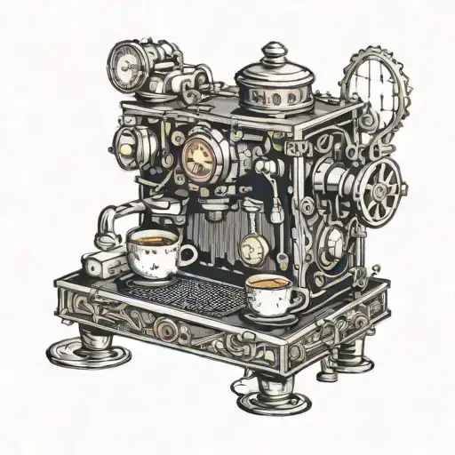 A steampunk coffee machine with anime characters operating it tattoo design idea