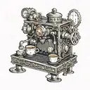 A steampunk coffee machine with anime characters operating it tattoo design idea
