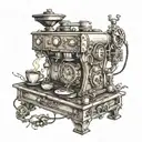 A steampunk coffee machine with anime characters operating it tattoo design idea