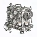 A steampunk coffee machine with anime characters operating it tattoo design idea