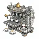 A steampunk coffee machine with anime characters operating it tattoo design idea