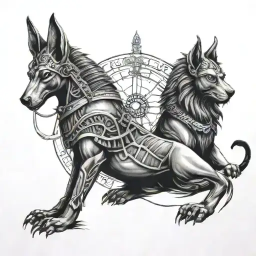 anubis and lion and pirate ship tattoo design idea