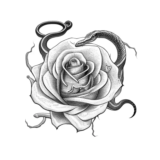 A sinister snake coiled around a bed of roses tattoo design idea