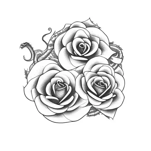 A hauntingly beautiful snake slithering through a field of wilted roses tattoo design idea