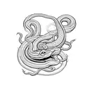 A sinister snake coiled around a bed of roses tattoo design idea