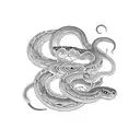 A sinister snake coiled around a bed of roses tattoo design idea