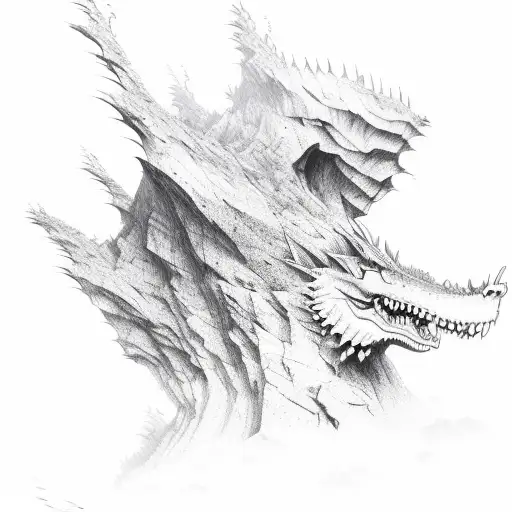 An engineer's blueprint design of a mountain landscape with a dragon flying in the sky, combining technical precision with fantasy elements tattoo design idea