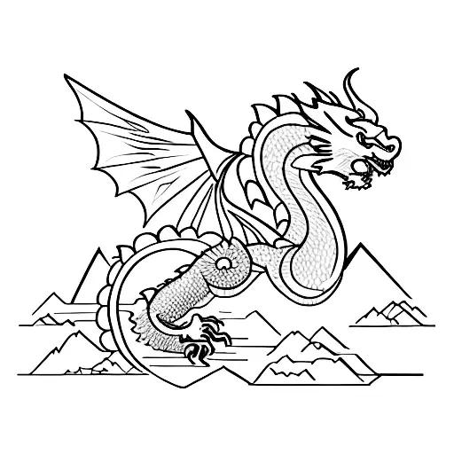 An engineer's blueprint design of a mountain landscape with a dragon flying in the sky, combining technical precision with fantasy elements tattoo design idea