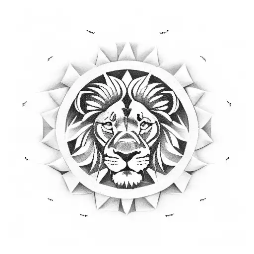A football field with the Manchester United logo as the center circle and a lion guarding it, in dotwork style tattoo design idea