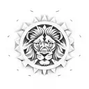 A football field with the Manchester United logo as the center circle and a lion guarding it, in dotwork style tattoo design idea