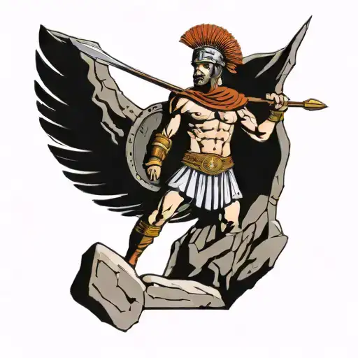 Spartacus gladiator holding a spear standing on top of a boulder tattoo design idea