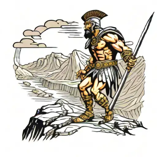 Spartacus gladiator holding a spear standing on edge of mountain perspective looking up from the bottom of the mountain  tattoo design idea