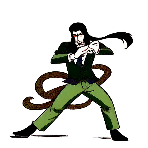 A mongoose, styled as a Che Guevara, defeats snakes in business suits in a duel tattoo design idea