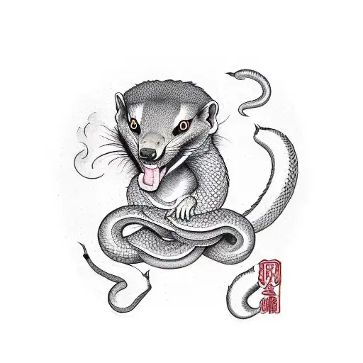 A mongoose, styled as a Che Guevara, defeats snakes in business suits in a duel tattoo design idea