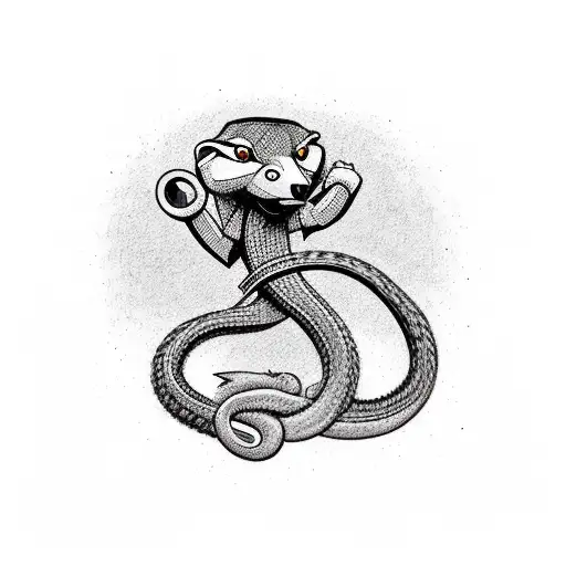 A mongoose, styled as a Che Guevara, defeats snakes in business suits in a duel tattoo design idea
