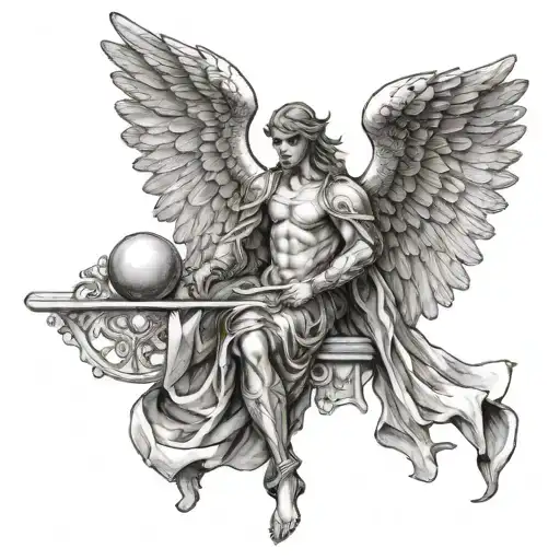 You can sketch a full body male angel holding a sphere with a Latin word Nex aeternu tattoo design idea