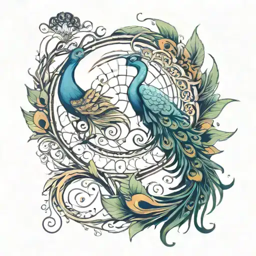 moongate and peacock feather tattoo design idea