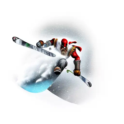 A realistic tattoo design featuring Kratos engaged in a thrilling snowboarding trick, capturing the client's passion for snowboarding and the iconic video game character. tattoo design idea