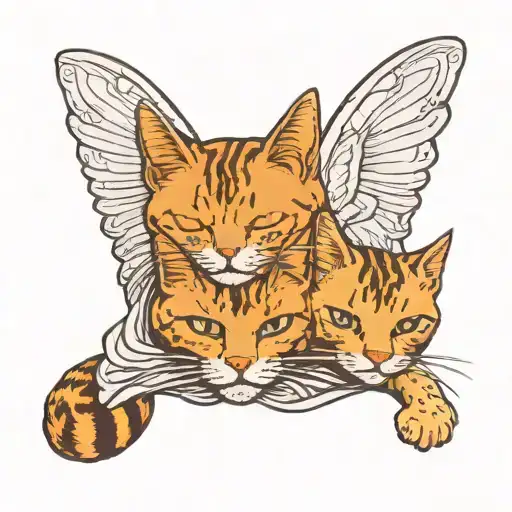 2 tabby cats cuddling, 1 ginger cat flying wearing a cape tattoo design idea