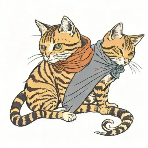 2 tabby cats cuddling, 1 ginger cat wearing cape, flying tattoo design idea