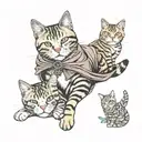 2 tabby cats cuddling, 1 ginger cat wearing cape, flying tattoo design idea