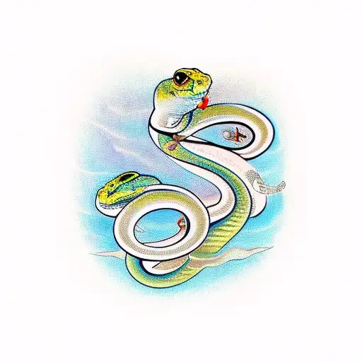 a curving snake with 3 butterflies on it tattoo design idea