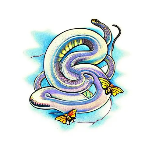 A moving snake with 3 butterflies on it tattoo design idea