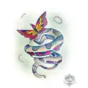 a curving snake with 3 butterflies on it tattoo design idea