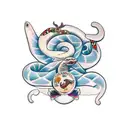 a curving snake with 3 butterflies on it tattoo design idea