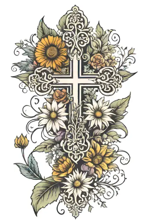 fancy cross with August, October, November birth flowers and a dandelion tattoo design idea