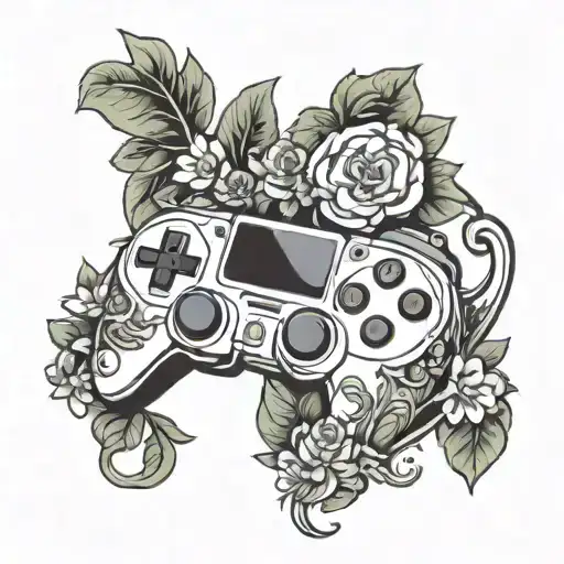 A tattoo design featuring a pixelated video game controller intertwined with vines and flowers, symbolizing the client's love for gaming and plants tattoo design idea