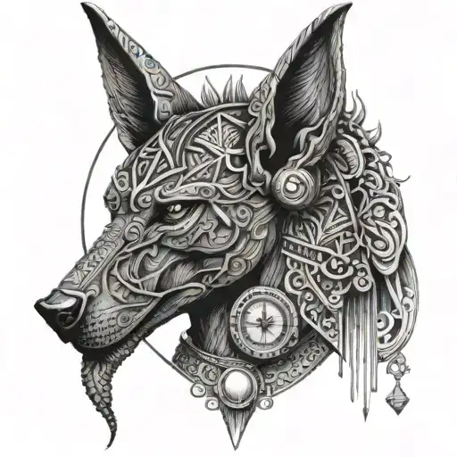 Intricate dotwork design of Anubis with an hourglass, representing the balance between life and death tattoo design idea