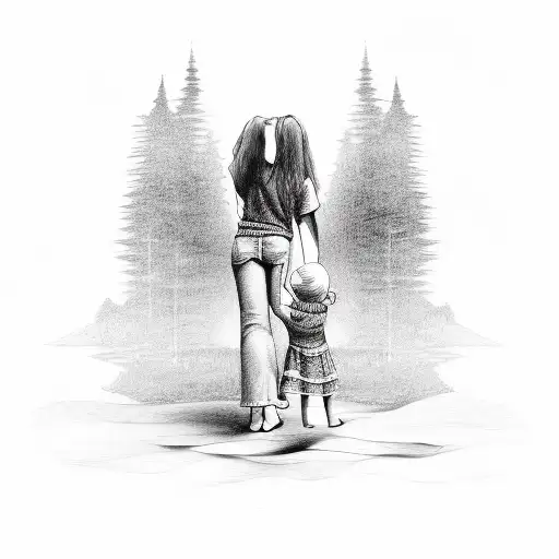 A mom with a child letting go of the past tattoo design idea