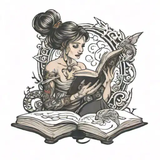 woman reading fantasy book open in front tattoo design idea