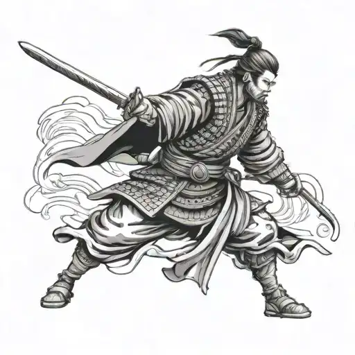 Samurai: Central figure, detailed and traditional, standing or in a dynamic pose, with armor and sword. Ed from Ed, Edd, tattoo design idea