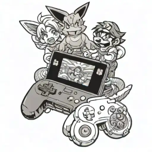A tattoo design featuring a mashup of Pokemon, Super Mario, and Son Goku playing video games together on a giant console tattoo design idea
