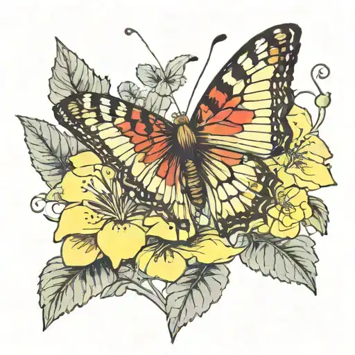 yellow and brown butterfly resting on red geraniums   tattoo design idea