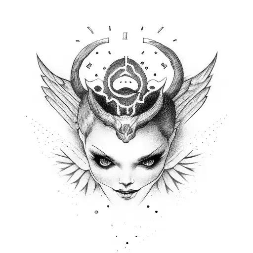 semi colon half devil half angel only black and white, small tattoo design idea