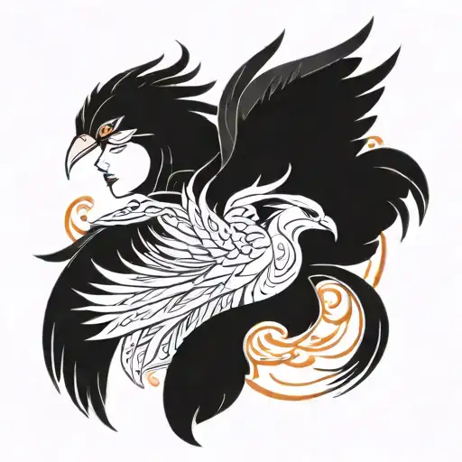 suggestive image of a phoenix and a woman overlapping as they take flight tattoo design idea